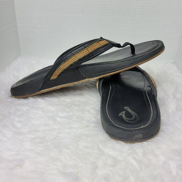Olukai Kukui Men's Sandals Size 12 Black Leather Flip Flops Thongs Shoes - Picture 5 of 9